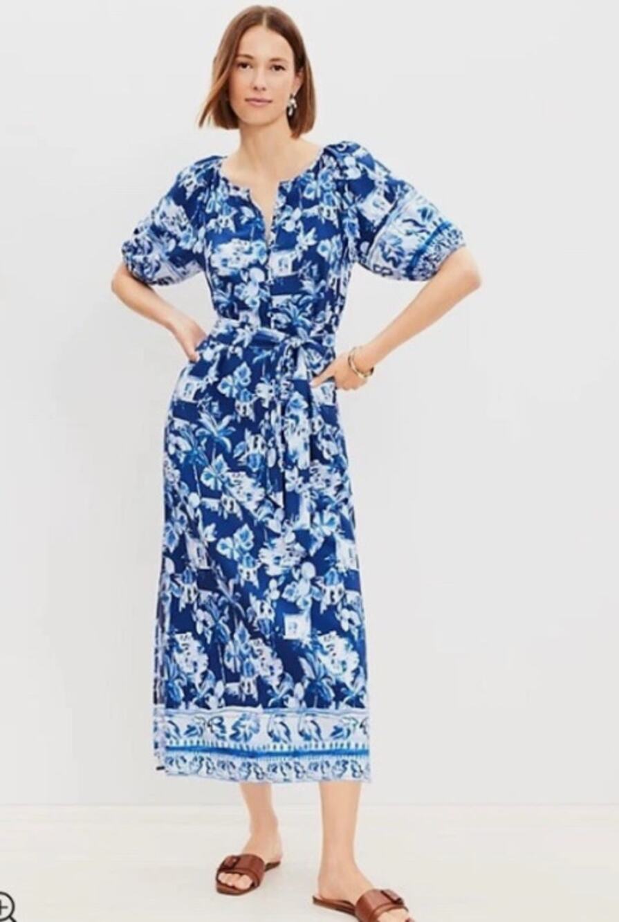 LOFT Corfu Weekend Puff Sleeve Midi Dress Hawaiian Vacation Beachy Boho M